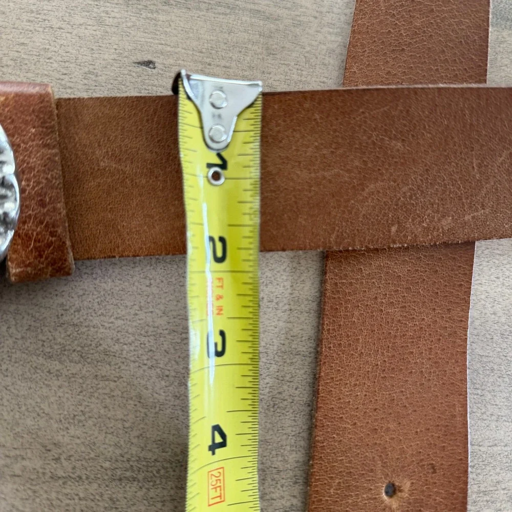 Vintage Brazilian Leather Belt Silvertone Oval Buckle Agate Stone Tan Western L